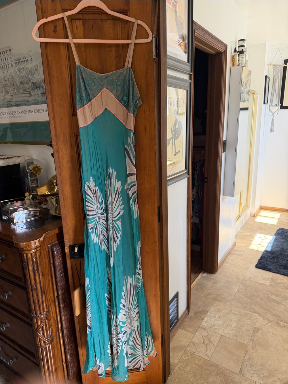 Catherine Malandrino Teal Silk Maxi Dress with Pink Trim and White Floral Print